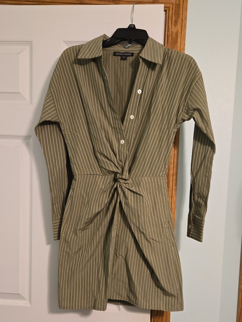 Boston Proper Olive Green Pinstripe Twist-Front Long Sleeve Dress
